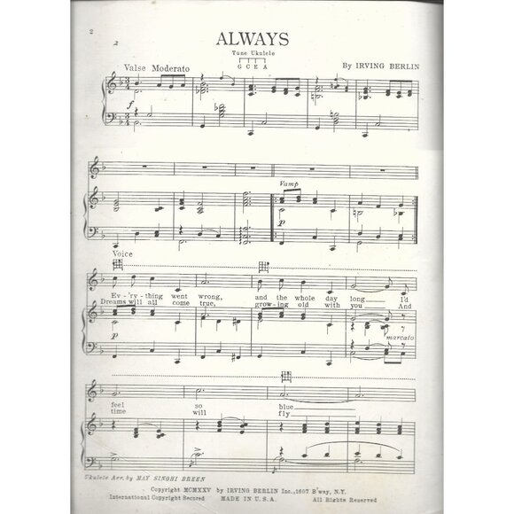 Always Sheet Music by Irving Berlin For Voice & Ukulele 1925 Antique - Picture 2 of 2